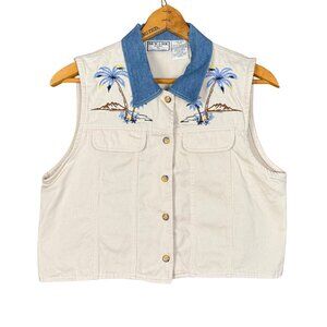 Vintage 90s Cropped Vest Palm Tree Embroidered Denim Collar, Hawaii Girl